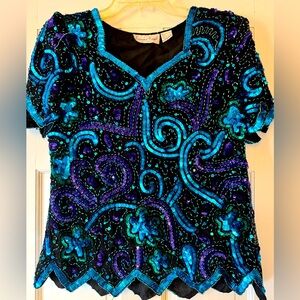 Vintage LAURENCE KAZAR sequined, short sleeve blouse; S, EUC